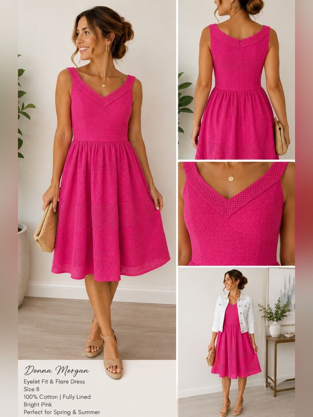 Donna Morgan Pink Eyelet Fit & Flare Dress Size 8 Cotton Lined V-Neck